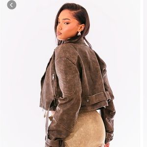 Brown textured faux leather jacket cropped biker jacket.
